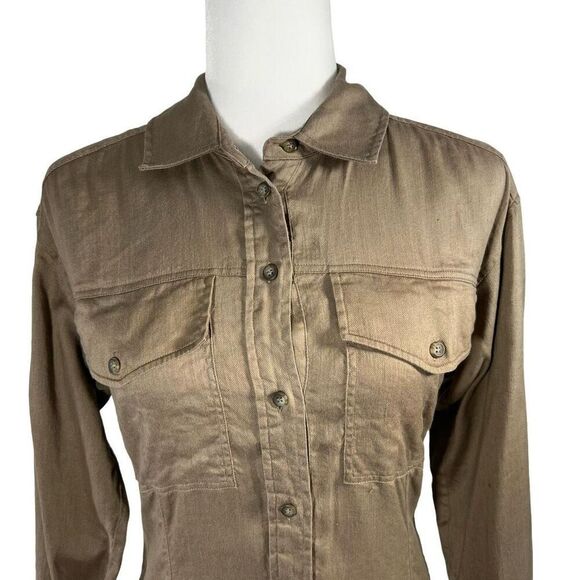 Frame Sz Small Desert Brown Arie Button Up Long Sleeve Linen Blend Stretch Top - Picture 10 of 10